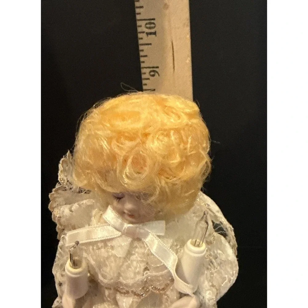 Vintage Angel Blond Hair Porcelain Christmas Holiday Tree Topper Lace Dress READ